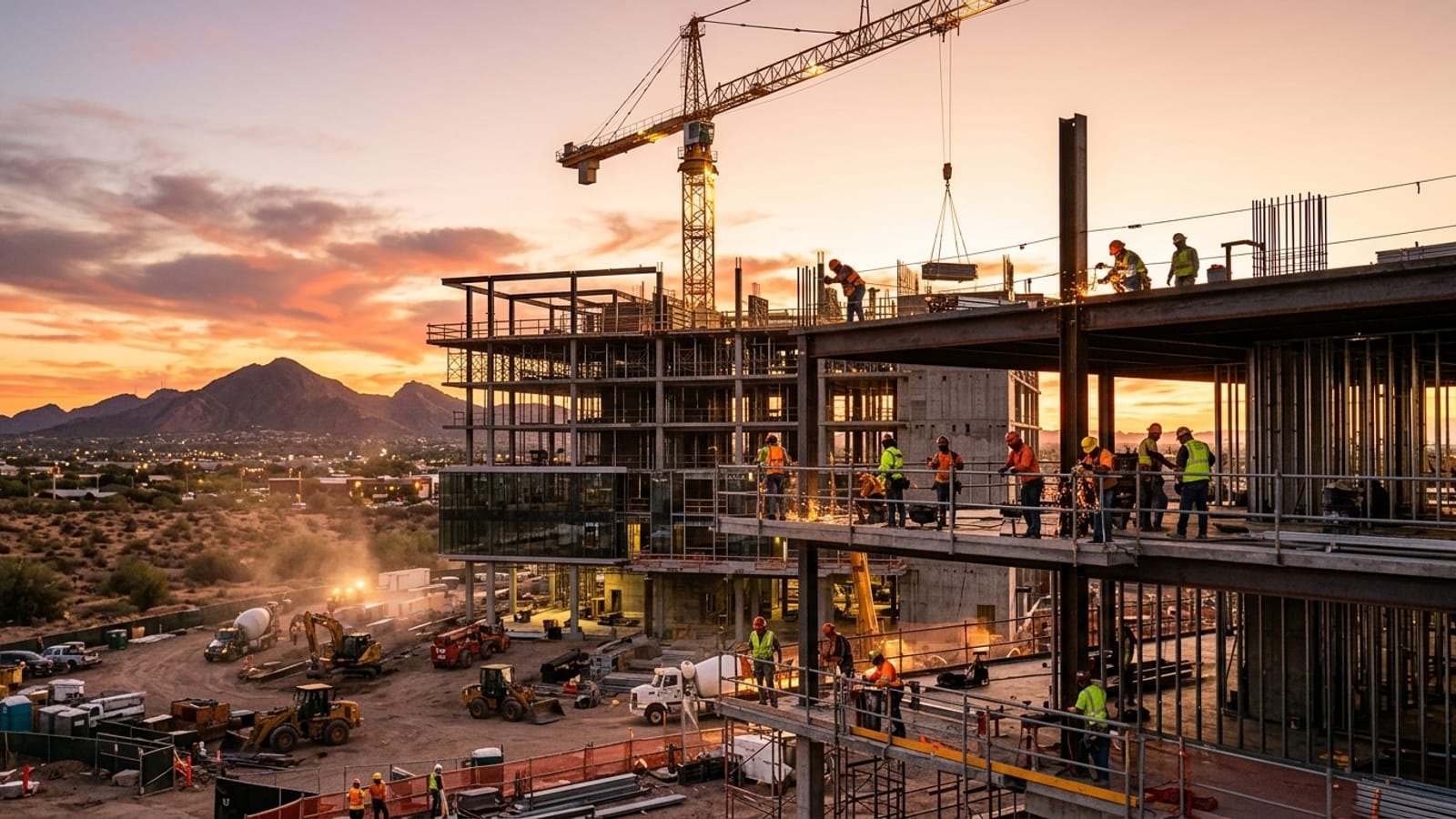 Phoenix Construction Recruiters — a commercial construction project under construction in the Phoenix Valley at sunset, with workers in safety vests, a tower crane, and heavy machinery on site.